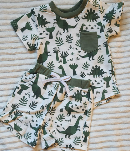 Muted Dinosaur Shorts Set