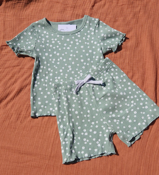 Sage Floral Ruffle Shorts Set