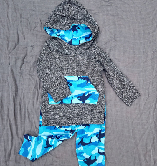 Gray Blue Shark Hoodie and Pants 2pcs Baby Outfit